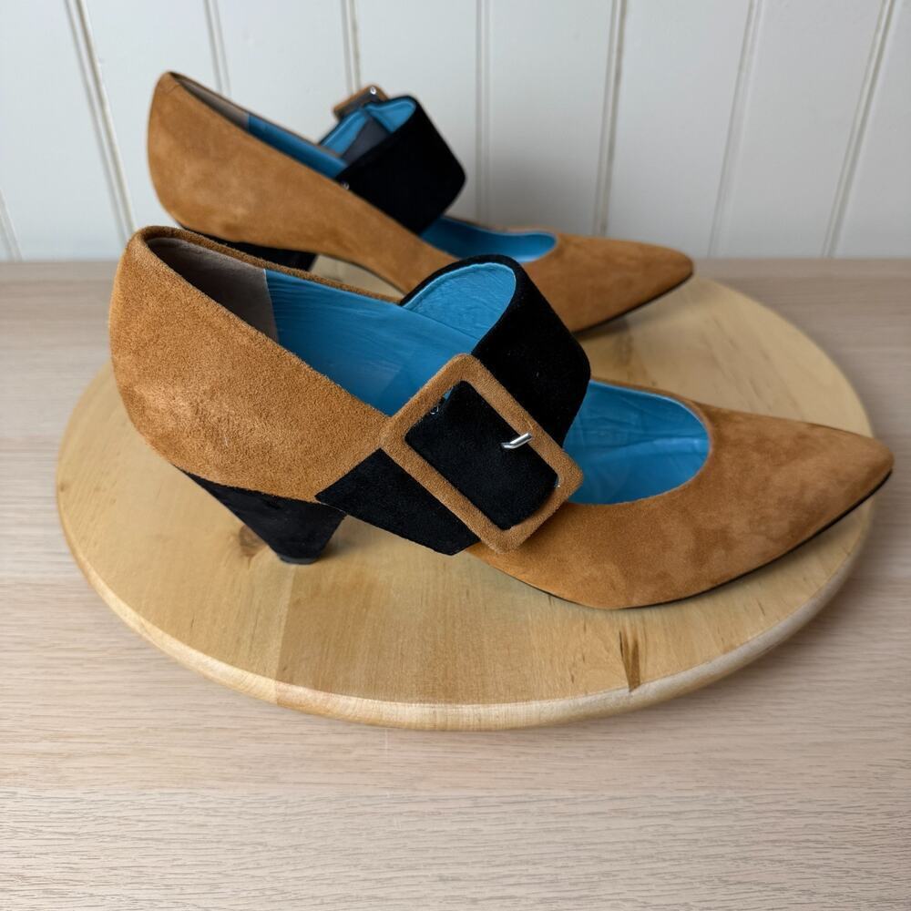 Valentina Rangoni Two Tone 11M Mary Jane Suede Pumps Brown Black Side Buckle